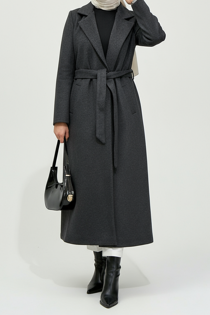 Belden Bağlamalı Kaşe Kumaş Kaban Antrasit