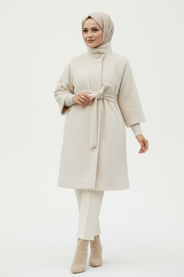 Broş Detaylı Kaşe Kumaş Kaban Taş