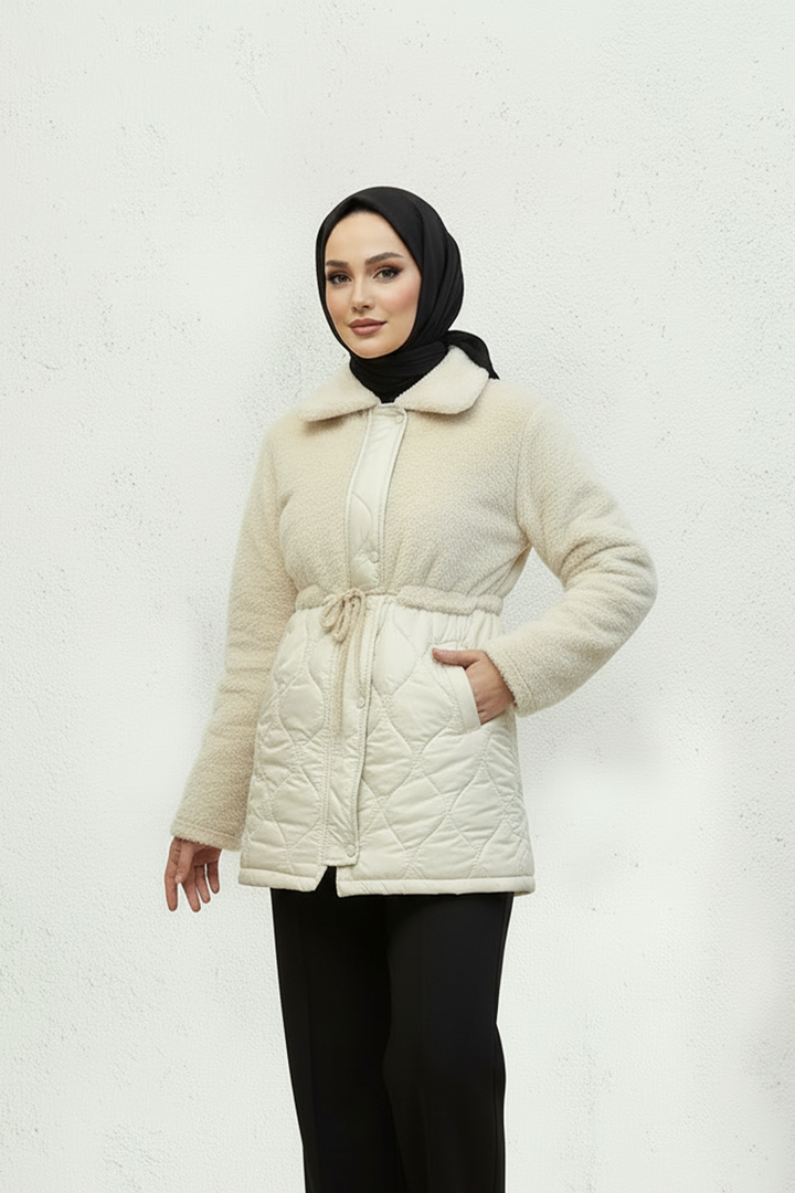 Kürk Detaylı Kapitone Mont Bej