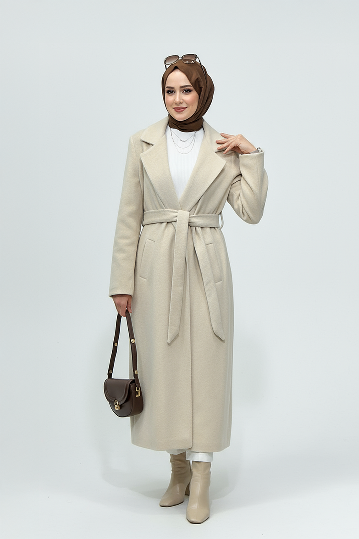 Belden Bağlamalı Kaşe Kumaş Kaban Bej