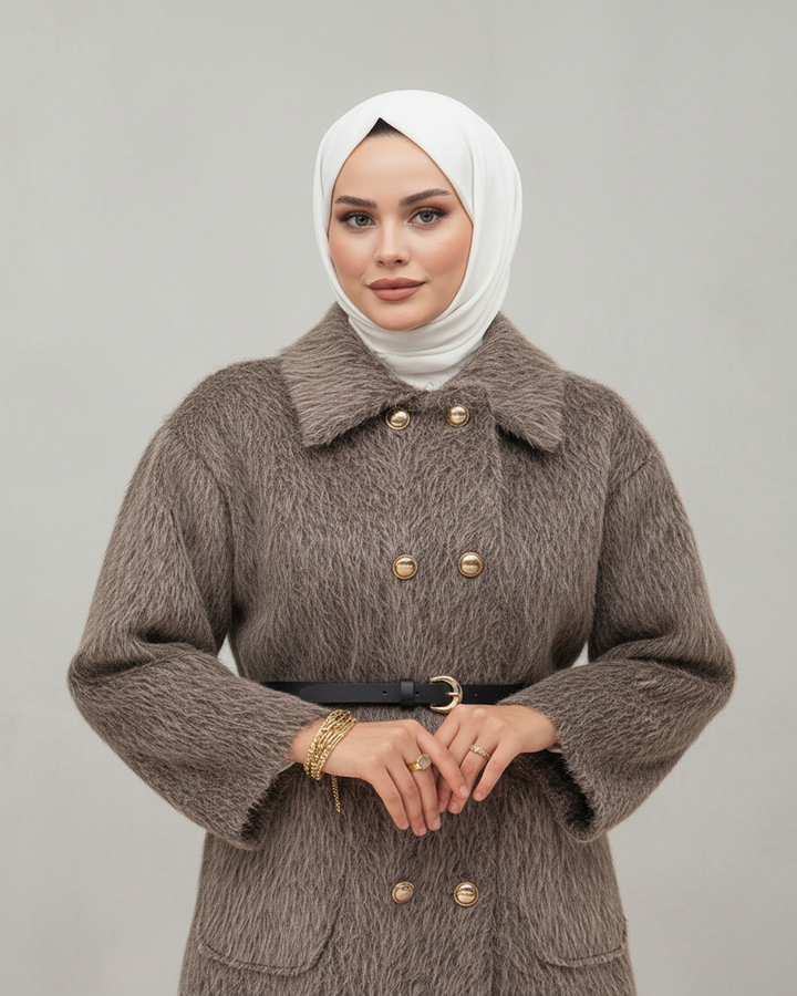 Tay Tüyü Gold Düğmeli Mont Vizon