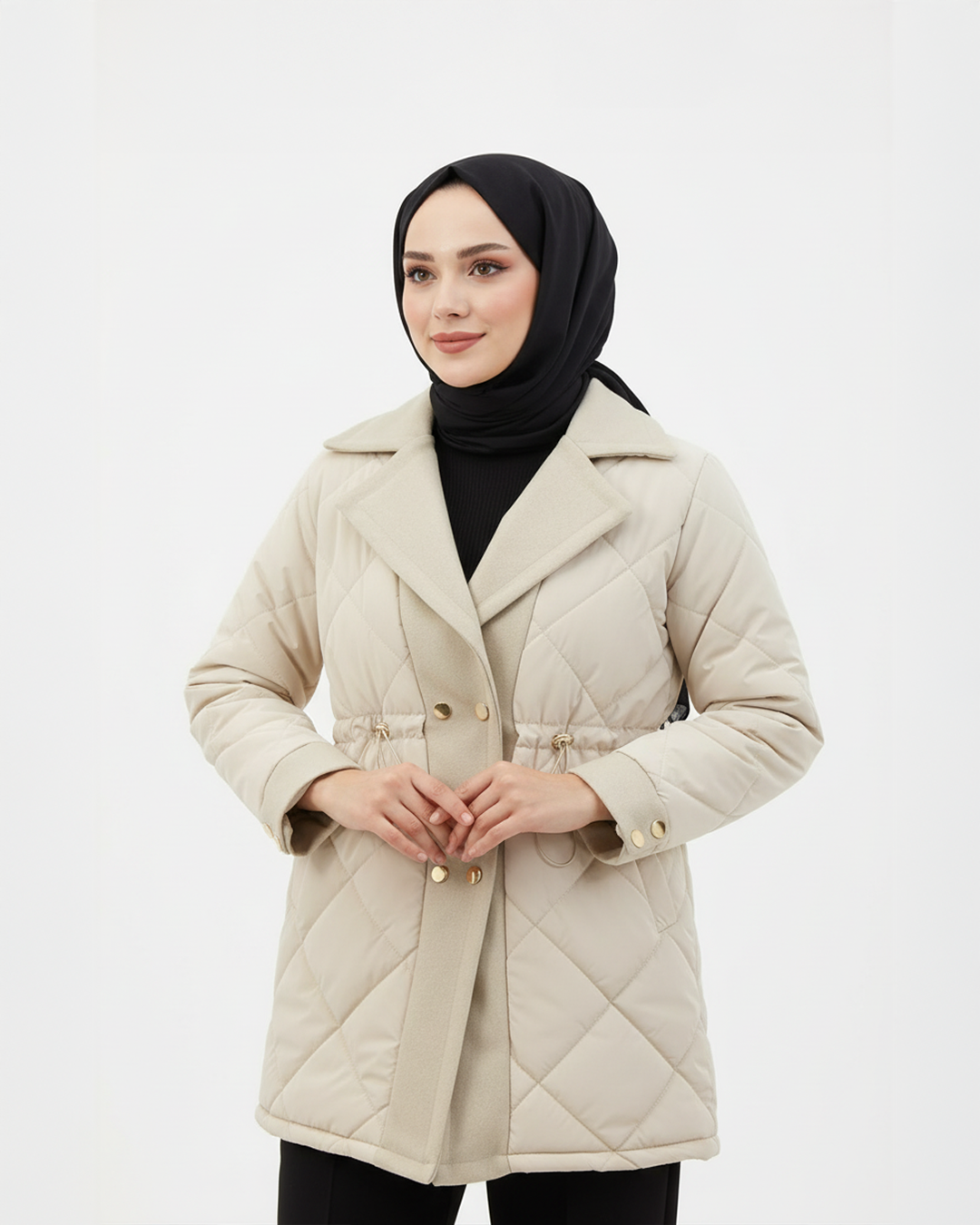 Kaşe Detaylı Kapitone Mont Bej