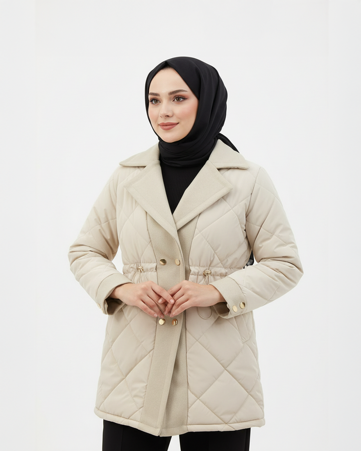 Kaşe Detaylı Kapitone Mont Bej