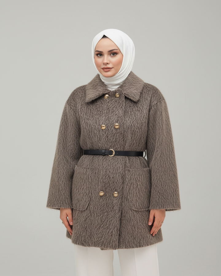 Tay Tüyü Gold Düğmeli Mont Vizon