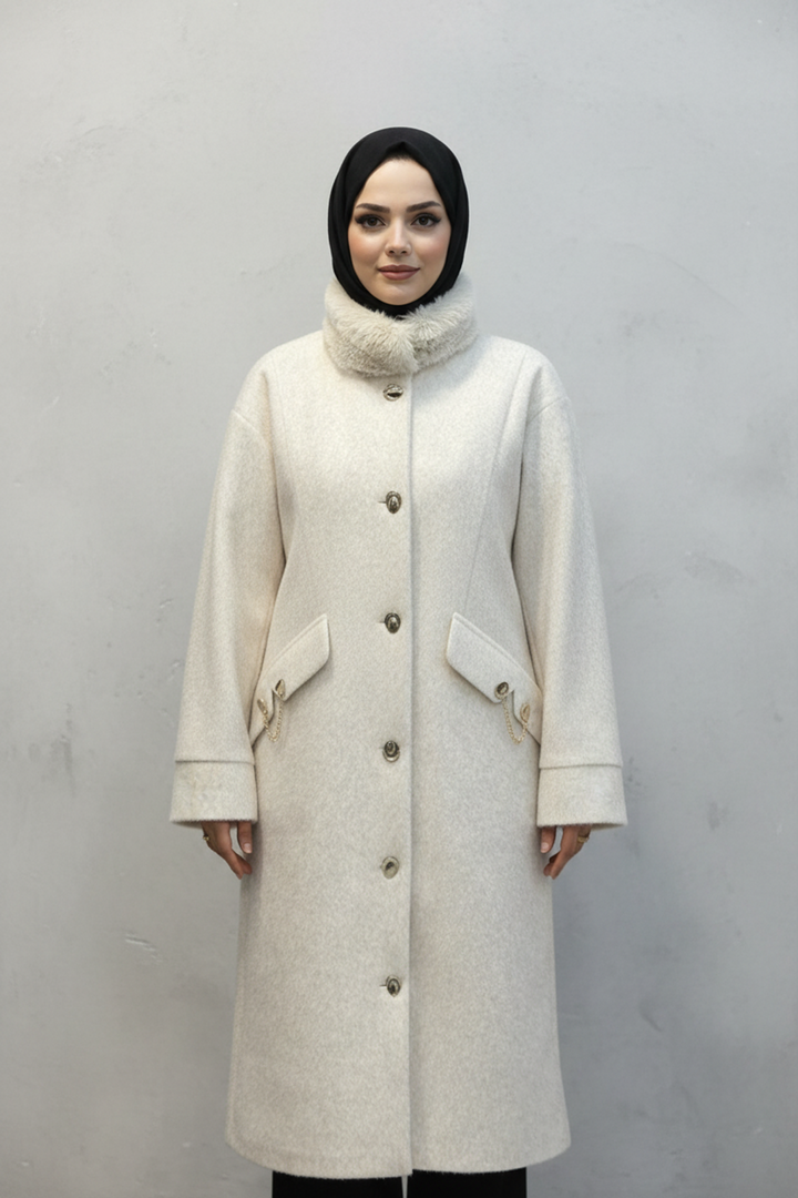 Yakası Kürk Detaylı Angora Kaban Ekru