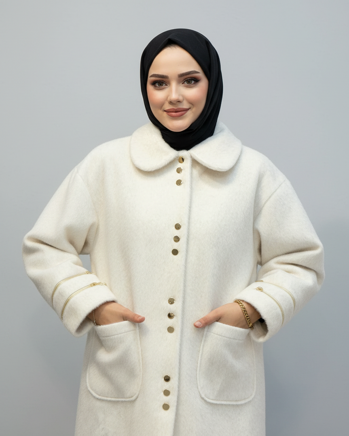 Gold Düğme Detaylı Angora Kaban Ekru