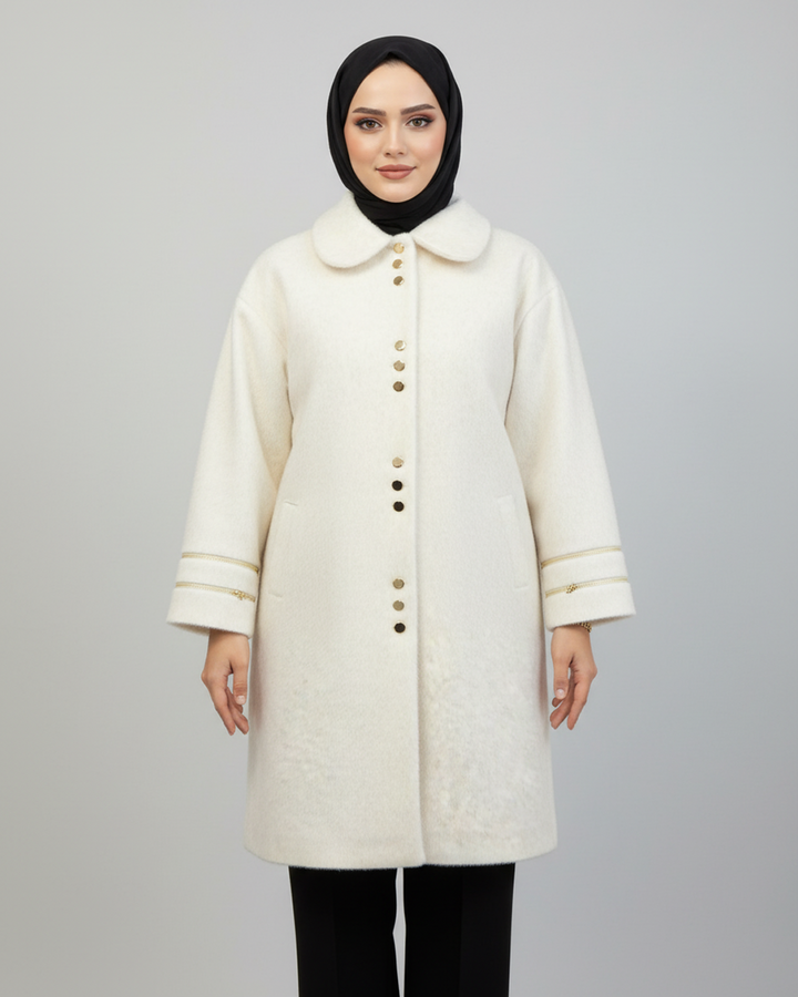 Gold Düğme Detaylı Angora Kaban Ekru