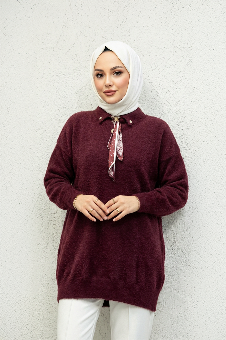 Yakası Fularlı Kazak Bordo