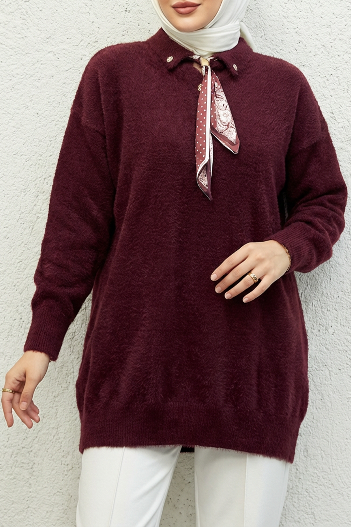 Yakası Fularlı Kazak Bordo