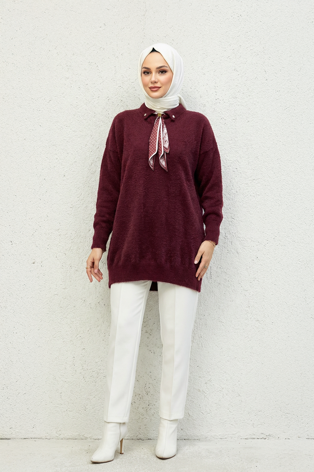 Yakası Fularlı Kazak Bordo