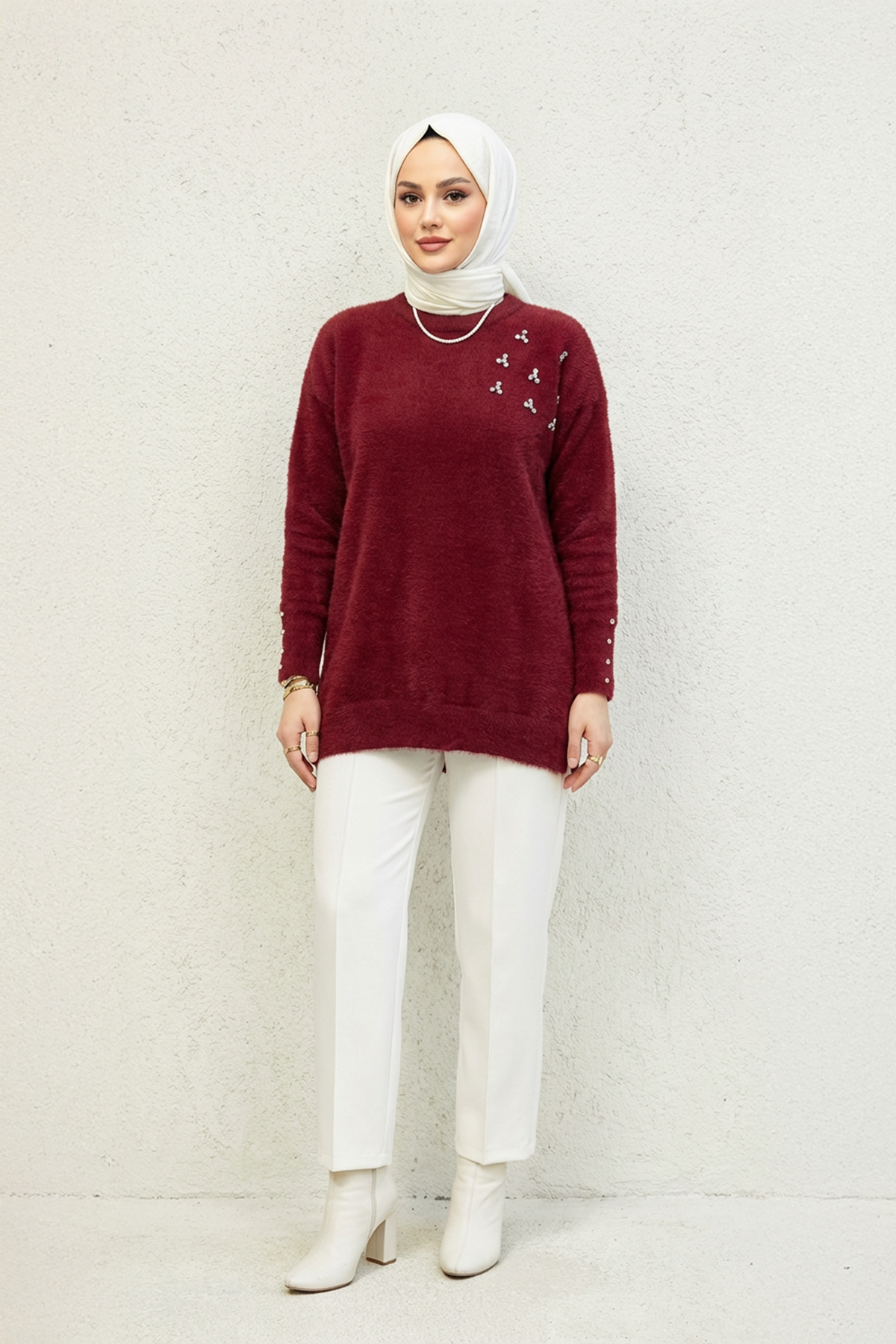 Taş İşlemeli Kazak Bordo