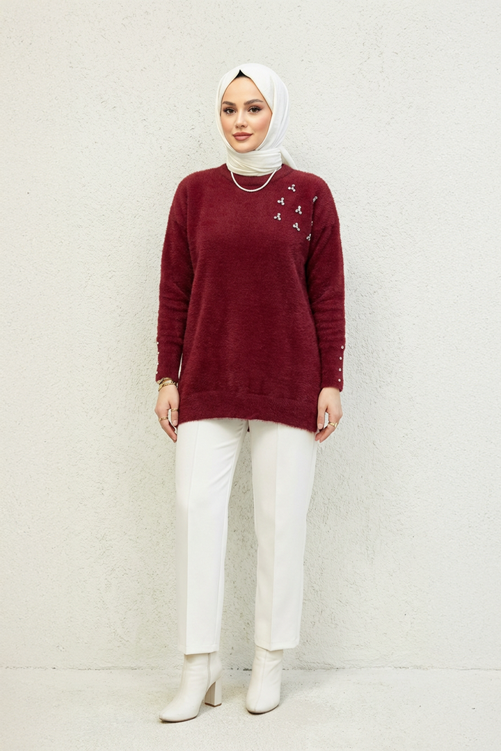 Taş İşlemeli Kazak Bordo