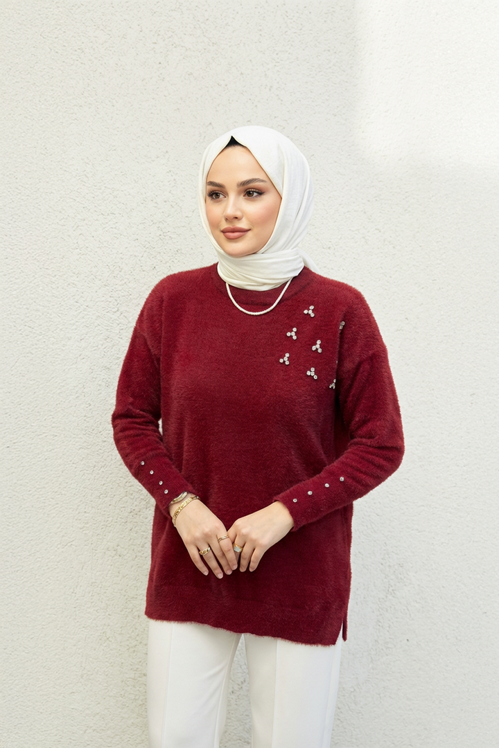 Taş İşlemeli Kazak Bordo