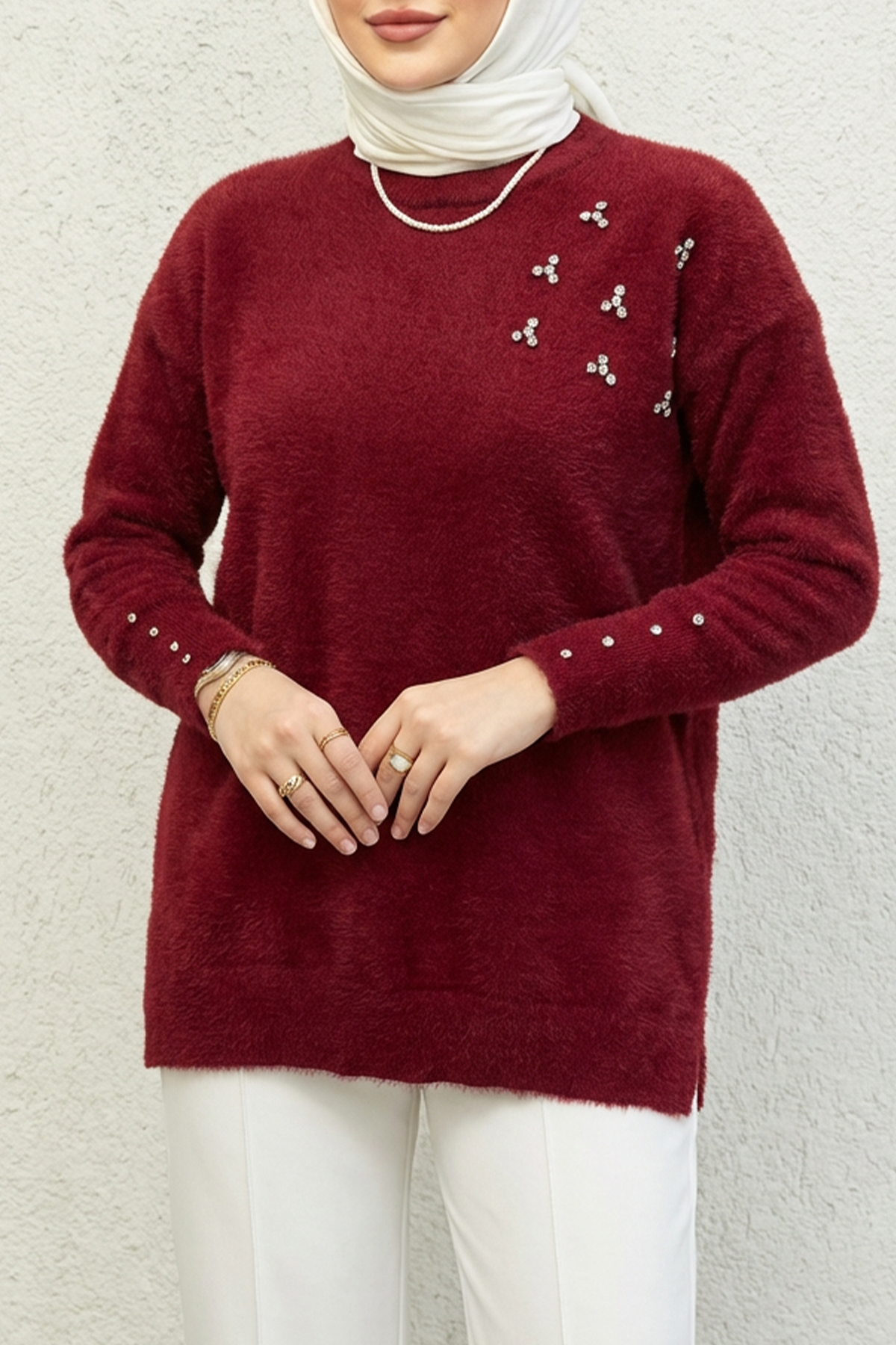 Taş İşlemeli Kazak Bordo