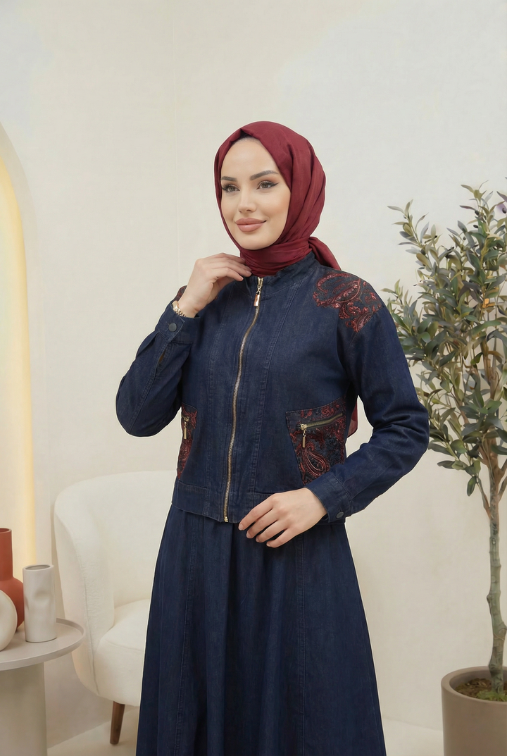 Etnik Desen Detaylı Kot Ceket&Etek Takım