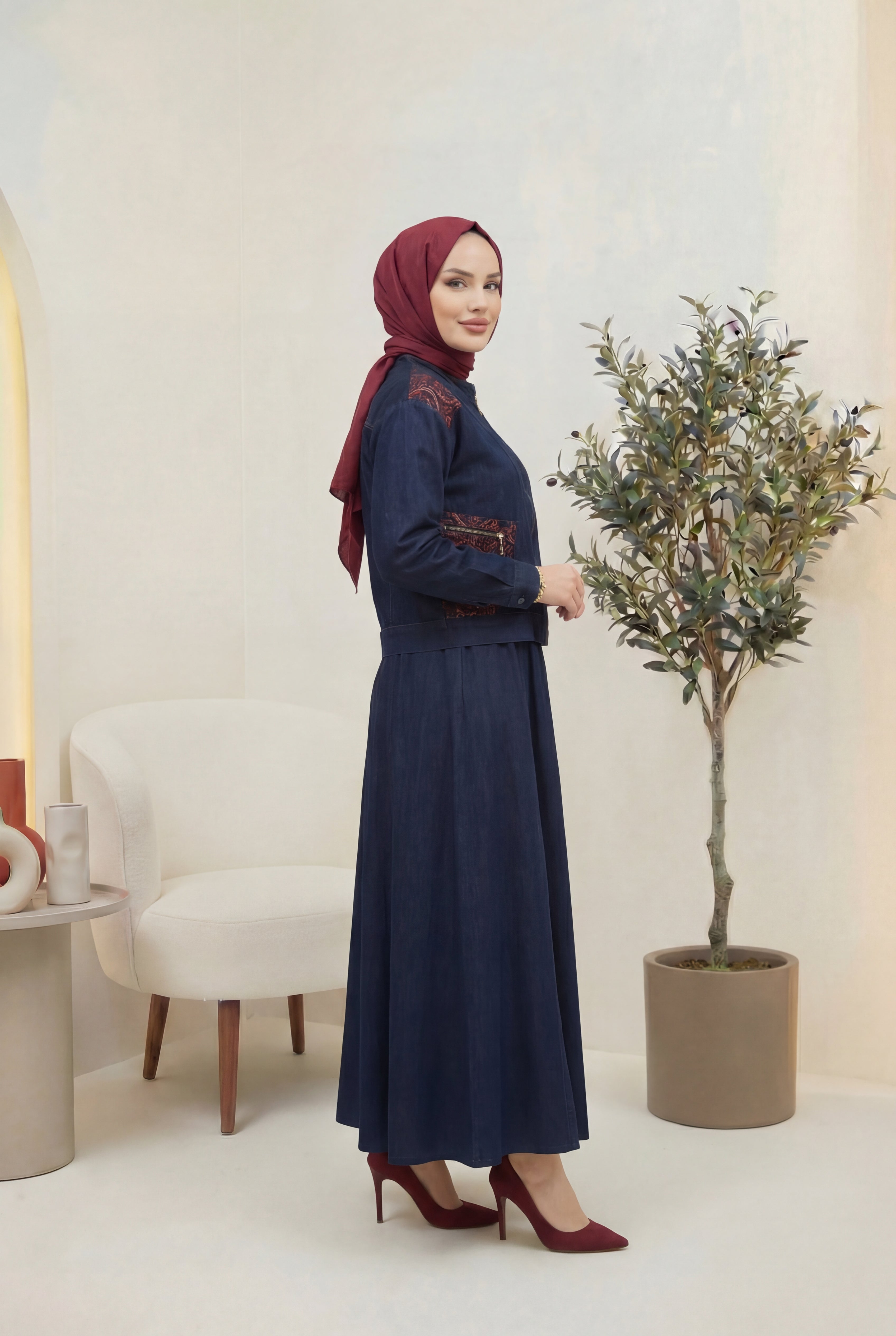 Etnik Desen Detaylı Kot Ceket&Etek Takım