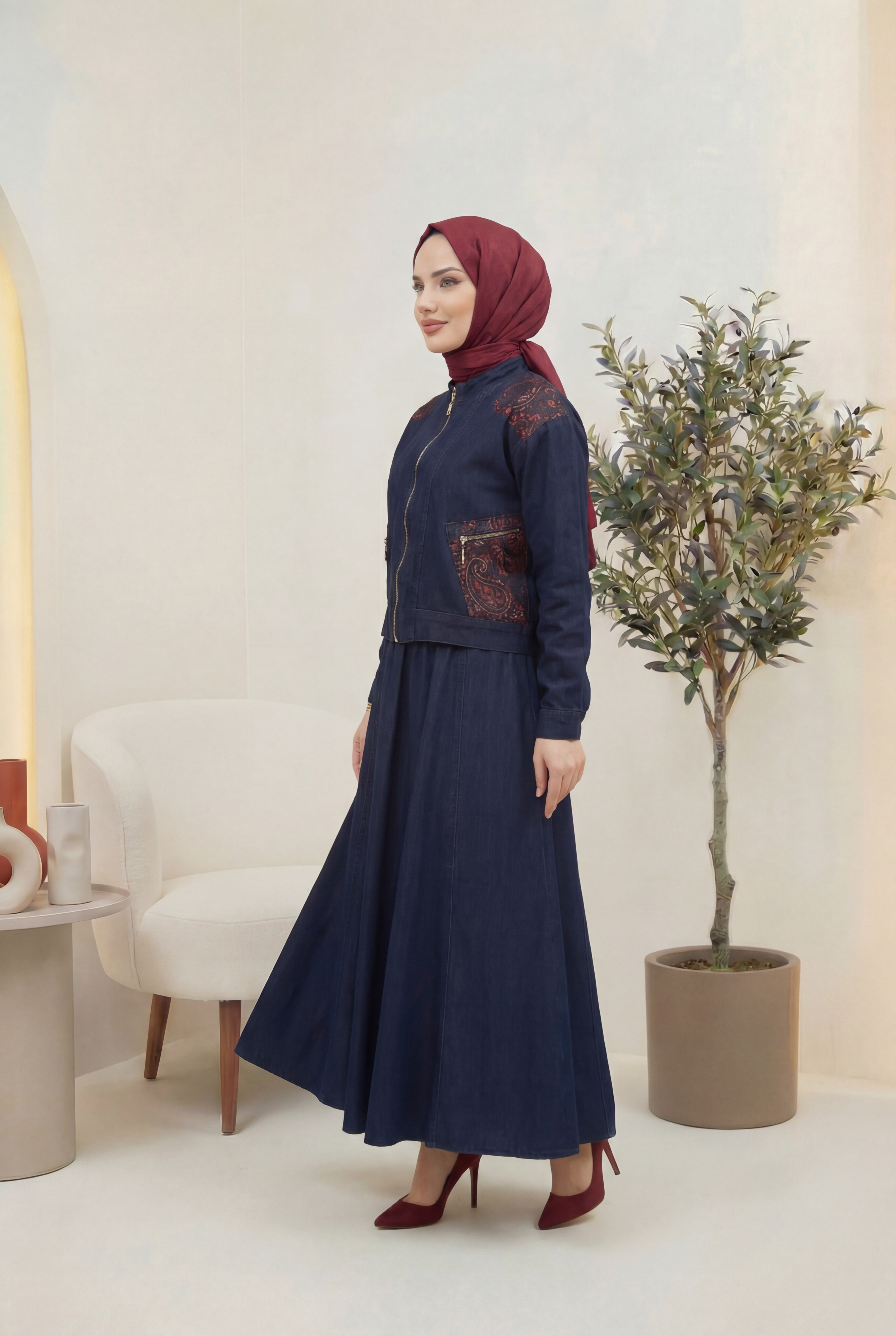 Etnik Desen Detaylı Kot Ceket&Etek Takım