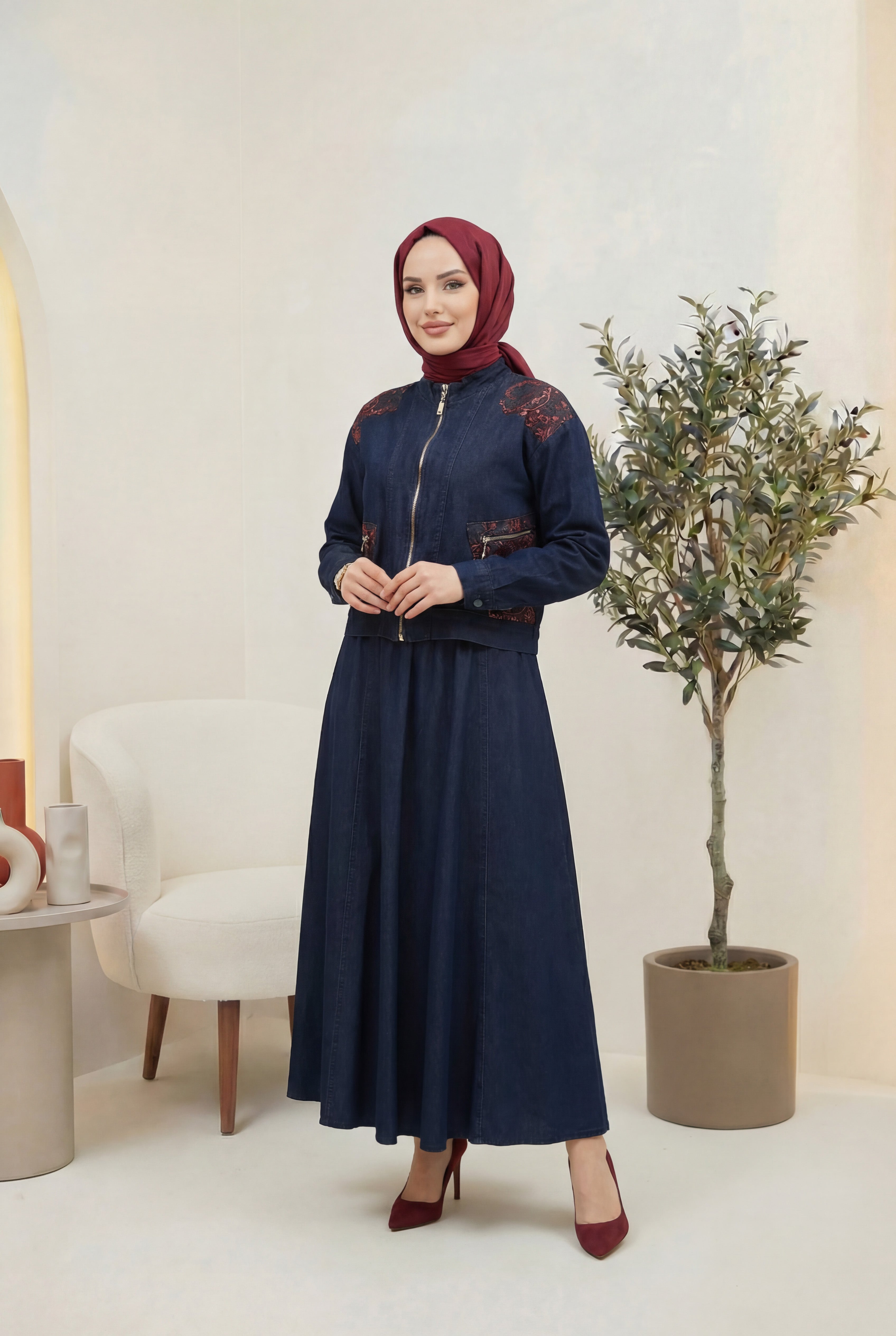 Etnik Desen Detaylı Kot Ceket&Etek Takım