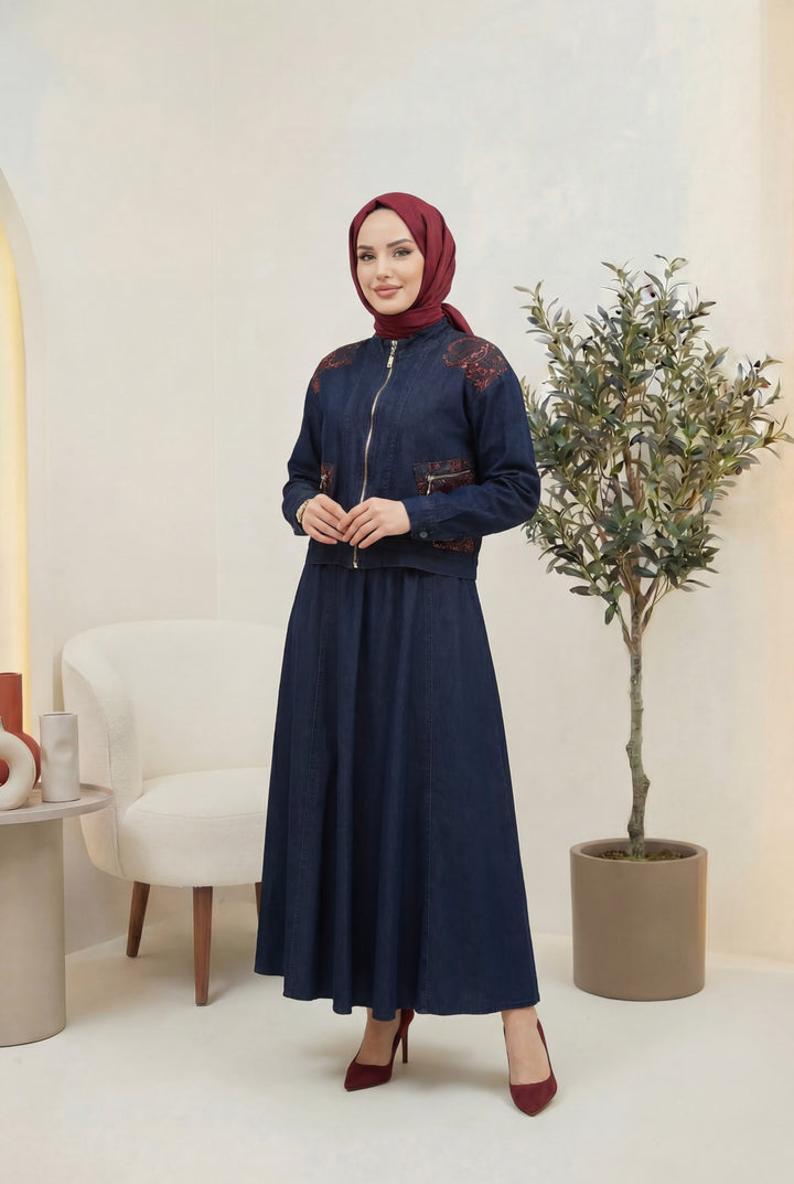 Etnik Desen Detaylı Kot Ceket&Etek Takım