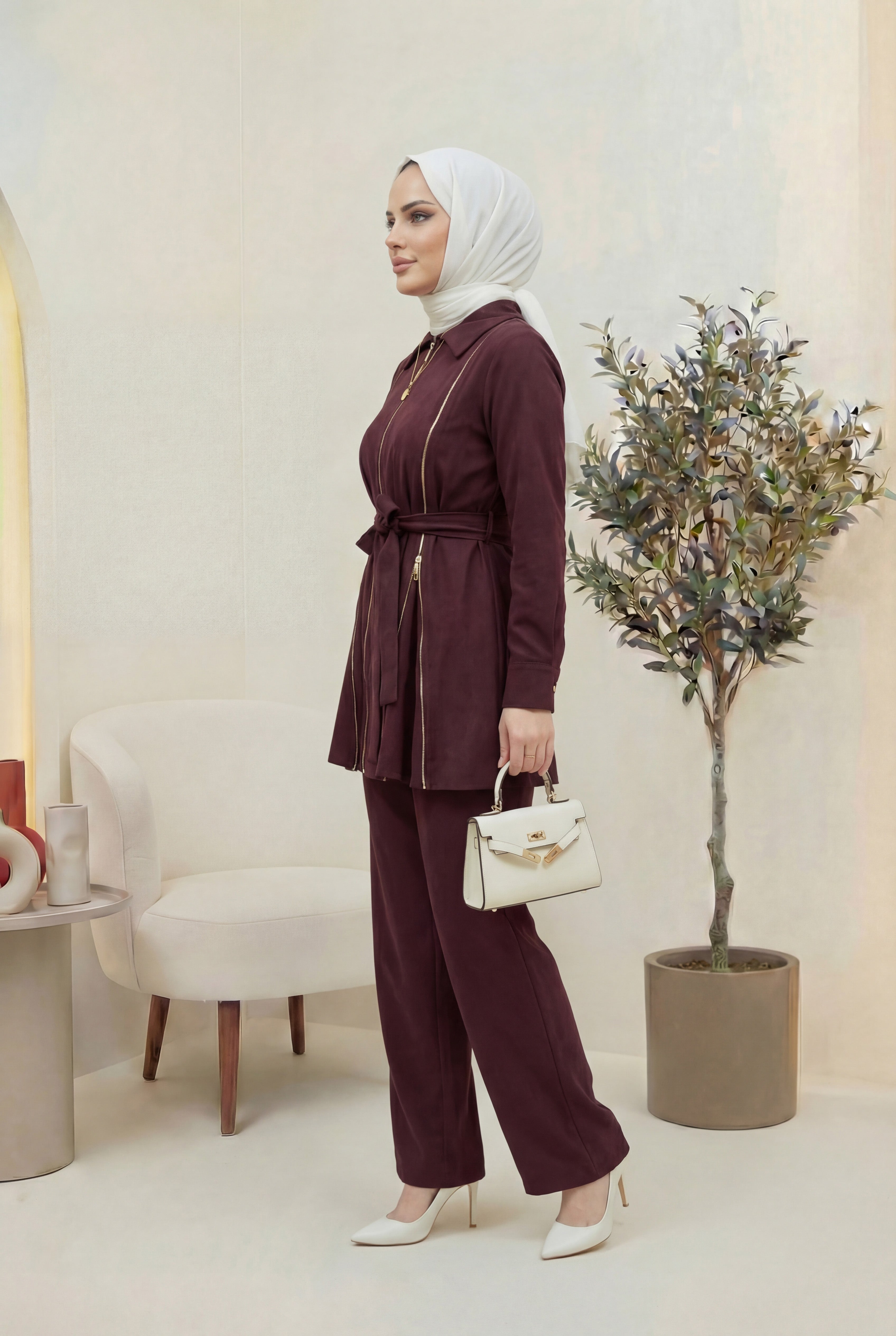 Fermuar Detaylı Qupra Takım Bordo