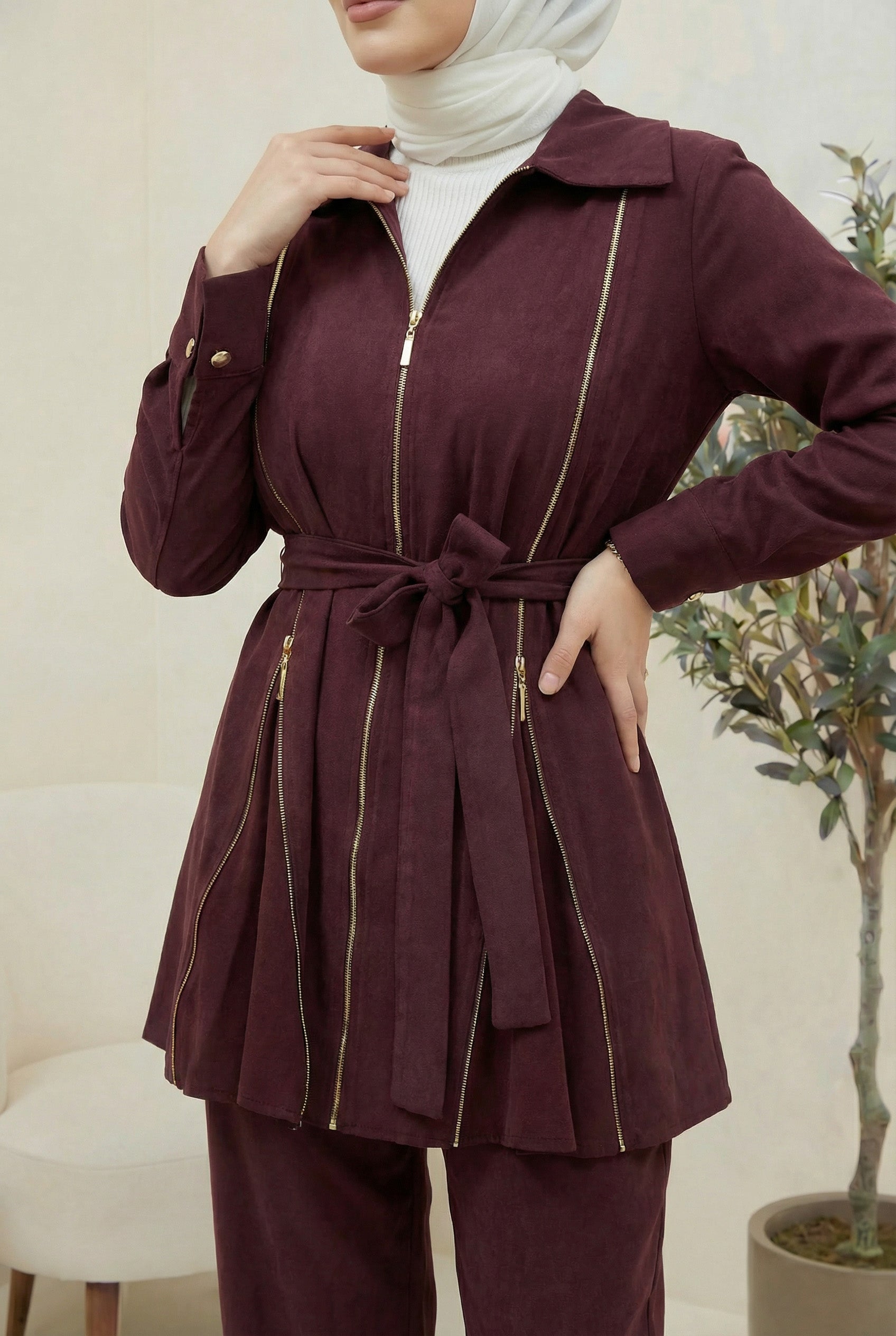 Fermuar Detaylı Qupra Takım Bordo