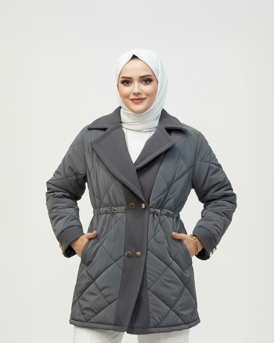 Kaşe Detaylı Kapitone Mont Gri