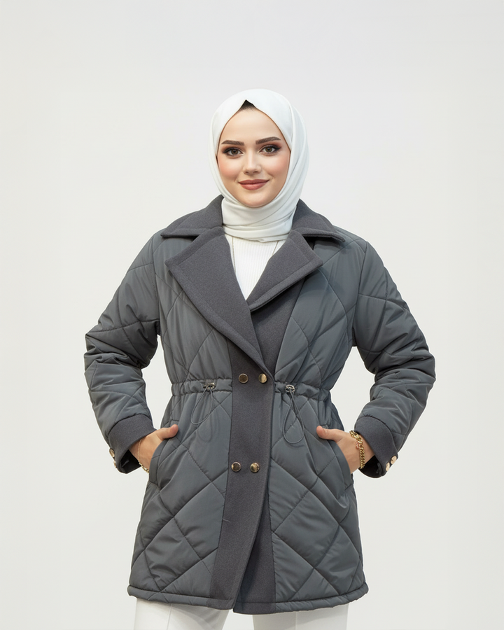 Kaşe Detaylı Kapitone Mont Gri