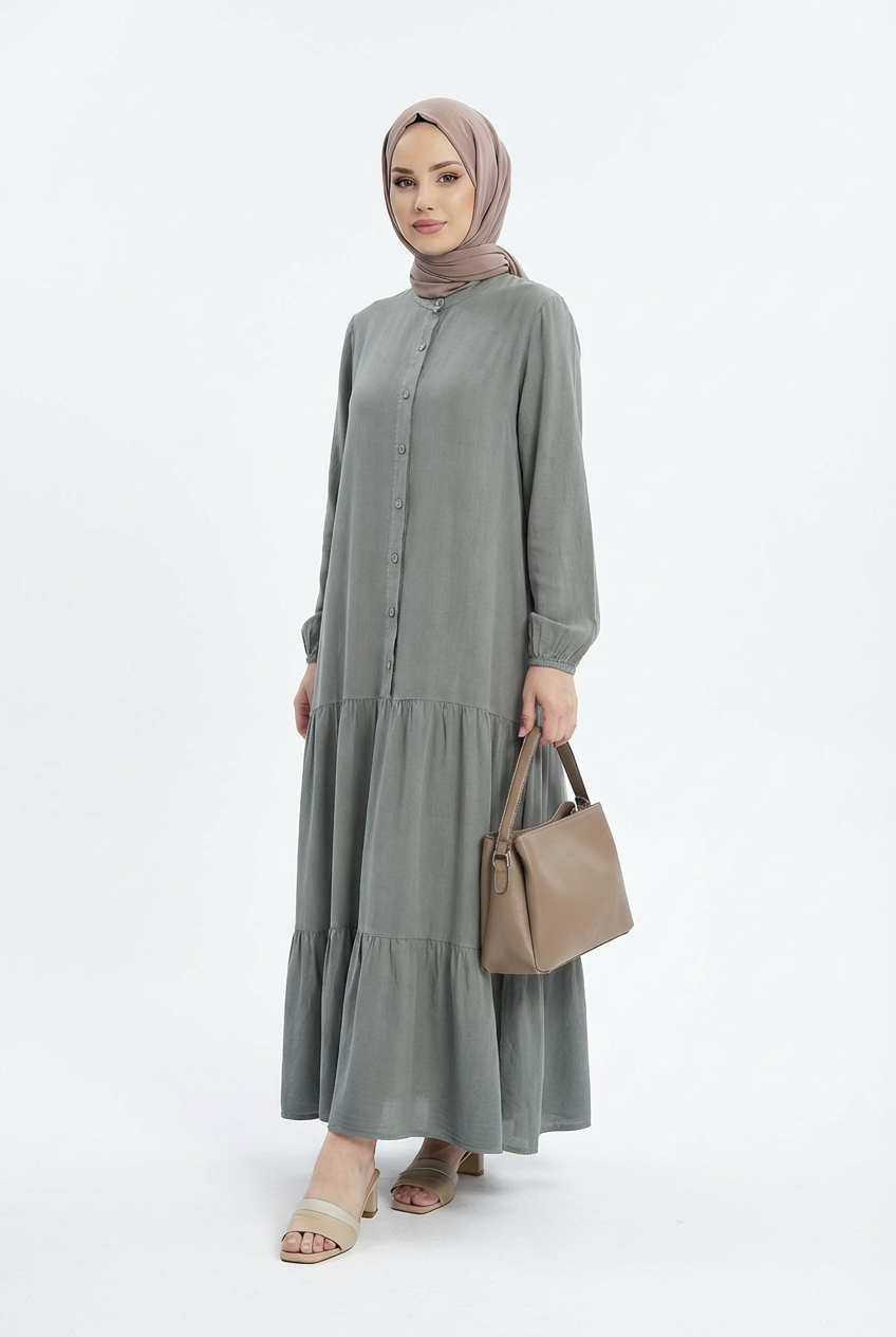 Tensel Yıkamalı Kumaş Haki Tesettür Elbise