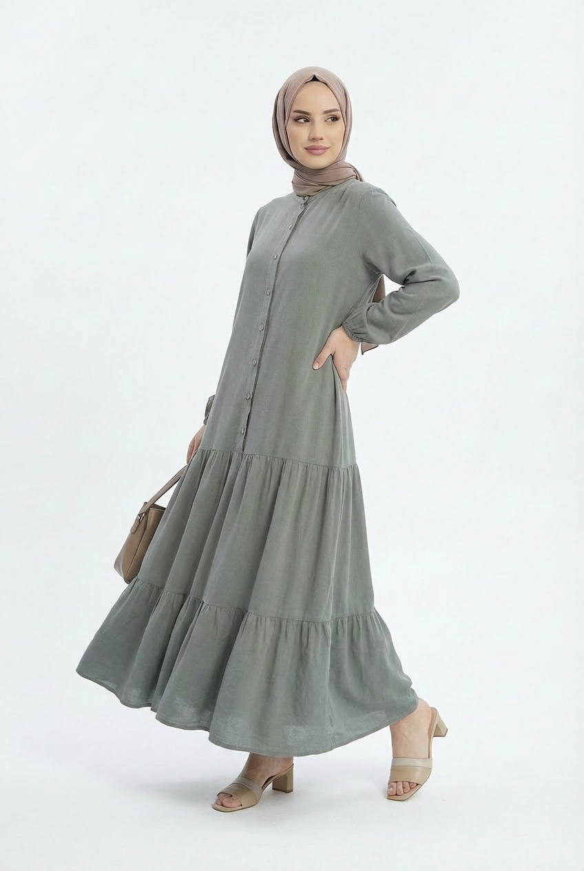 Tensel Yıkamalı Kumaş Haki Tesettür Elbise