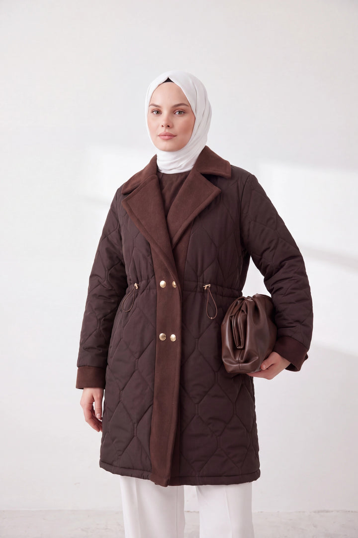 Kaşe Detaylı Kapitone Mont Kahve