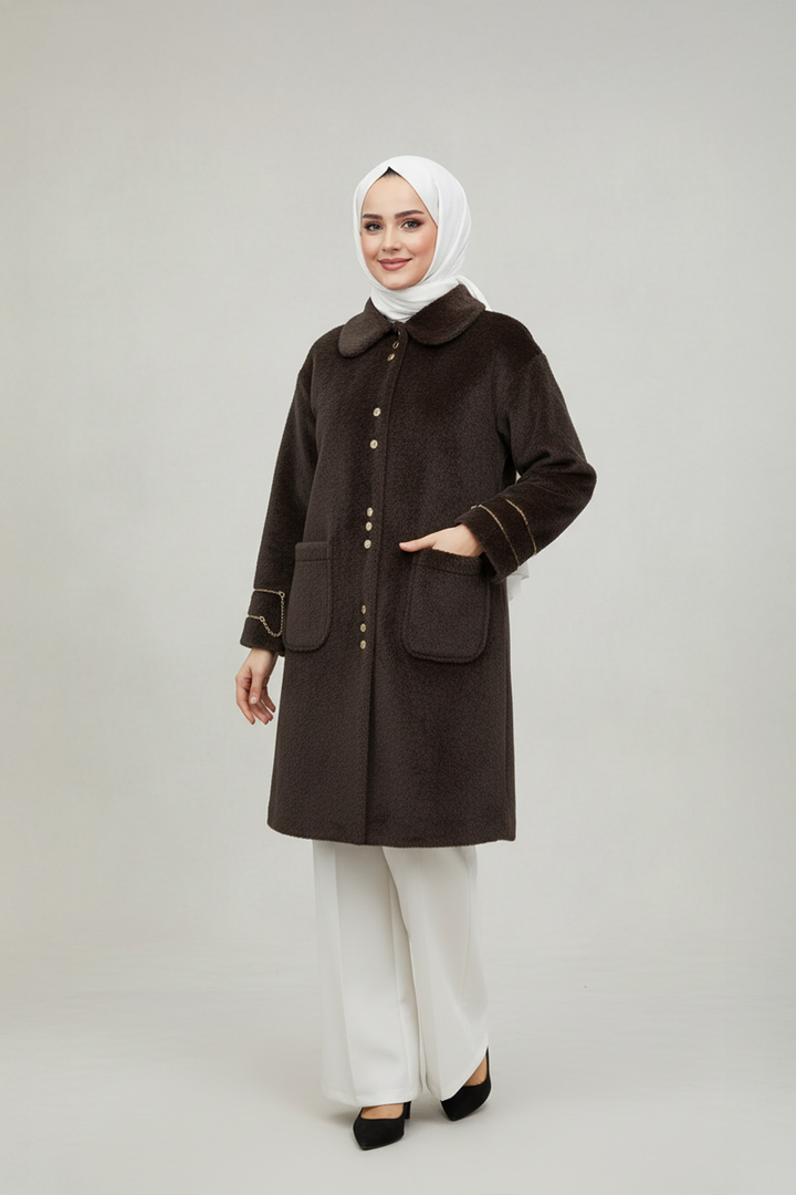 Gold Düğme Detaylı Angora Kaban Kahve