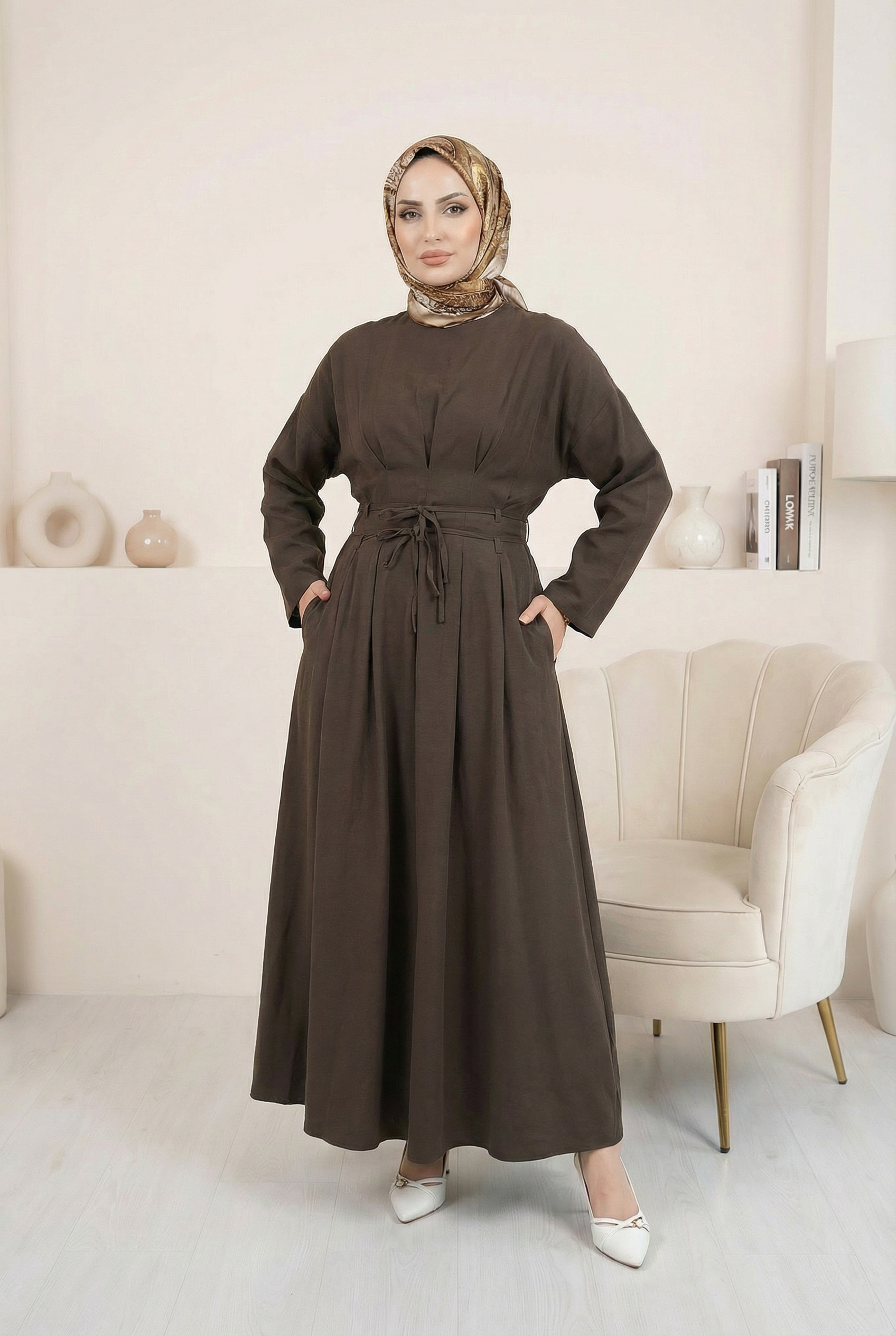 Beli İpli Elbise Kahverengi