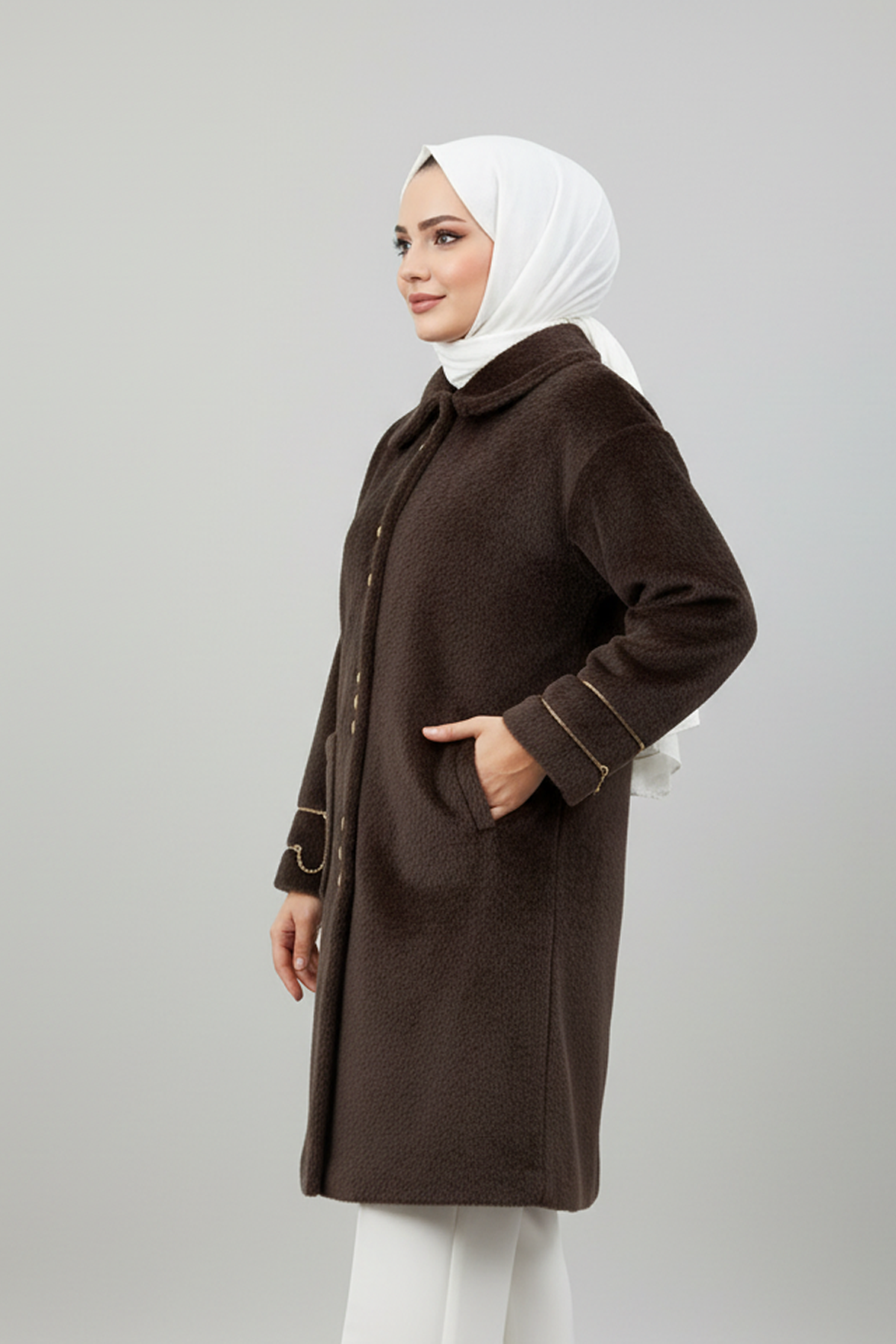 Gold Düğme Detaylı Angora Kaban Kahve