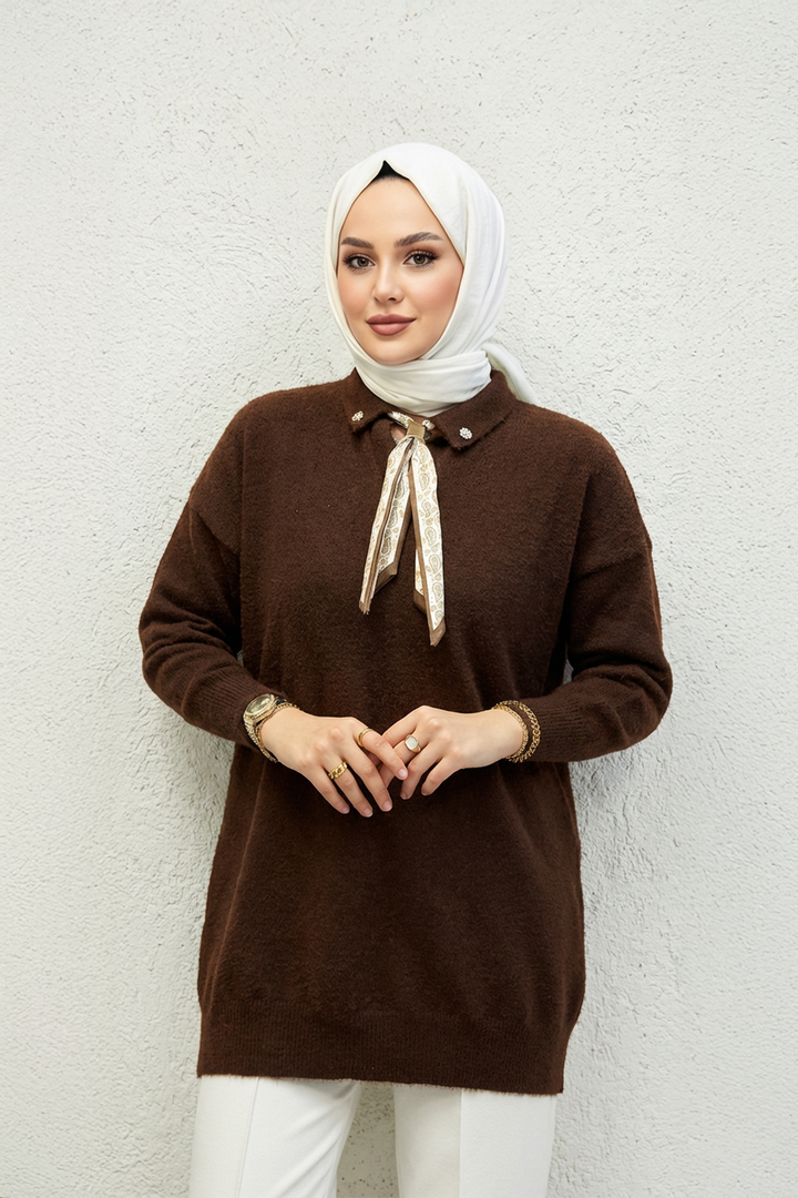 Yakası Fularlı Kazak Kahve