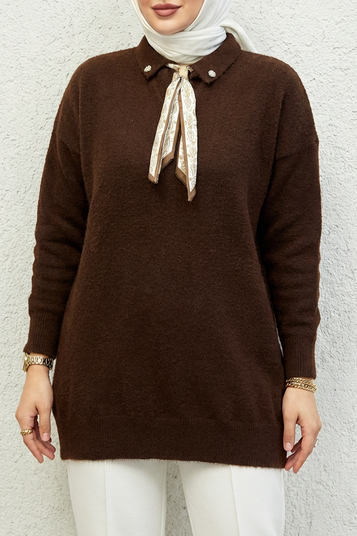 Yakası Fularlı Kazak Kahve