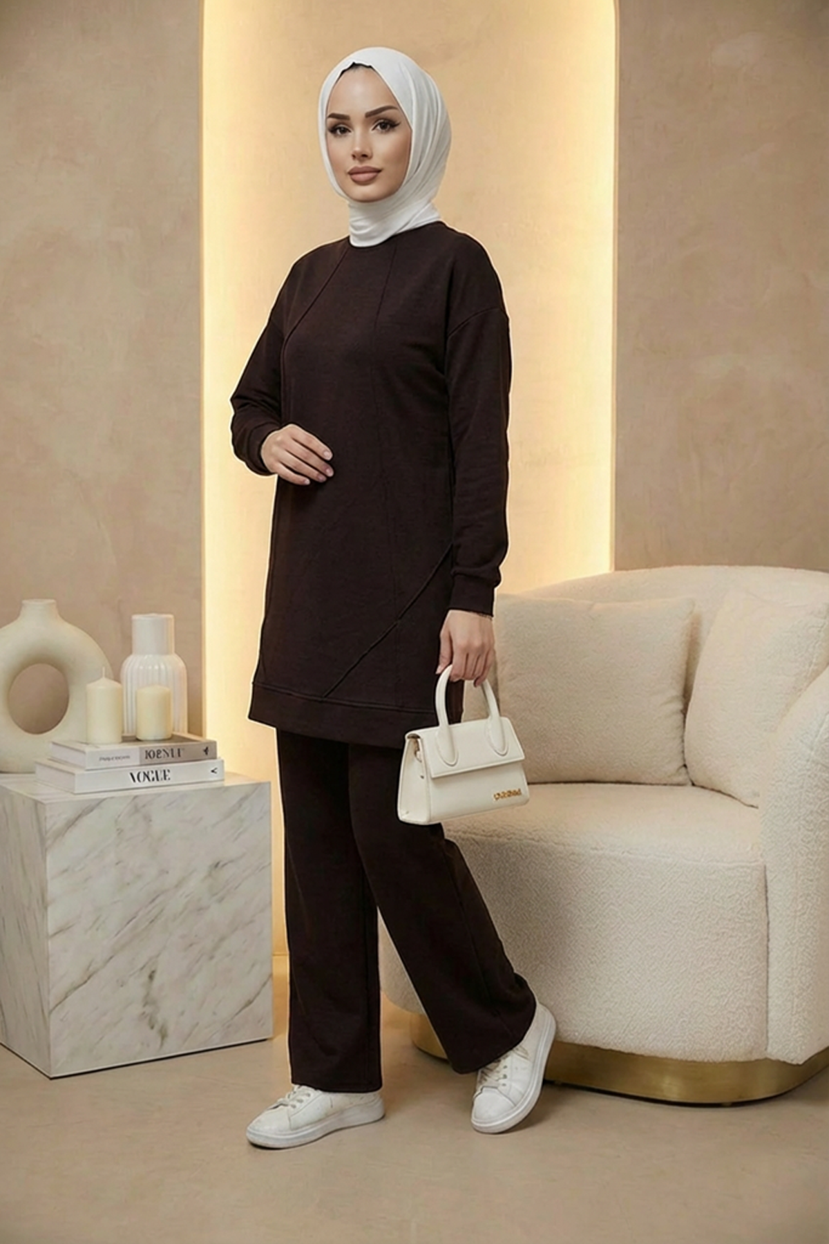 Ütü İz Detaylı Oysho Kumaş Takım Kahve