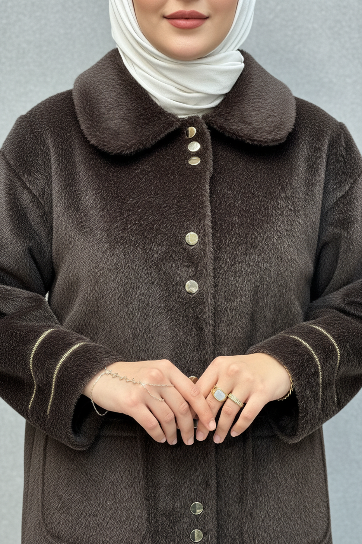 Gold Düğme Detaylı Angora Kaban Kahve