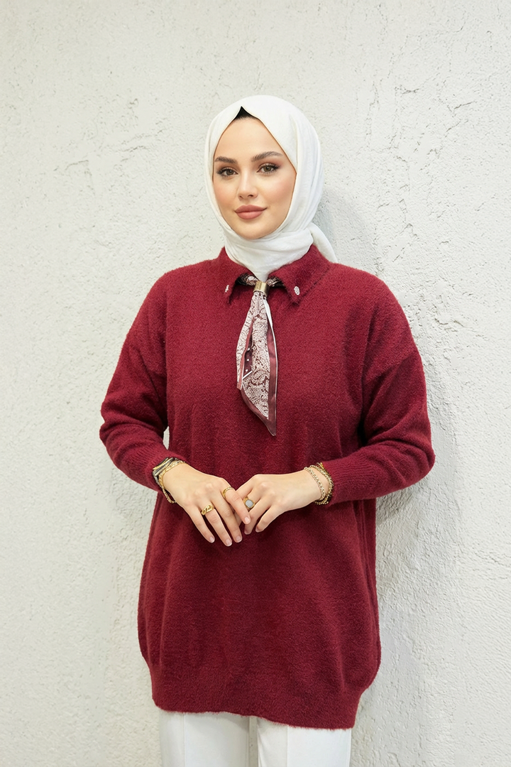 Yakası Fularlı Kazak Kırmızı