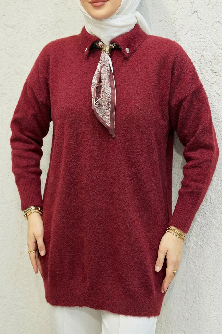 Yakası Fularlı Kazak Kırmızı