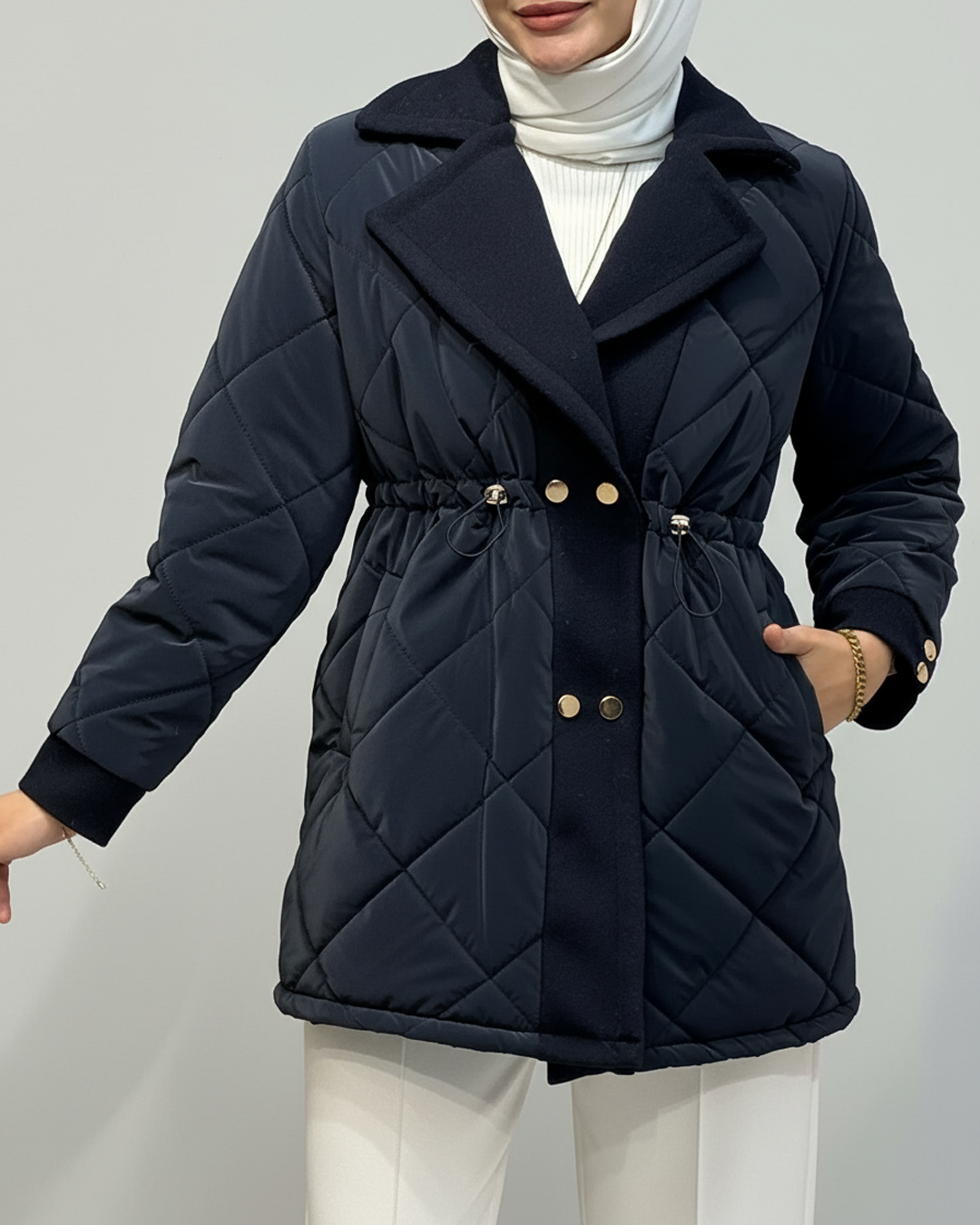 Kaşe Detaylı Kapitone Mont Lacivert