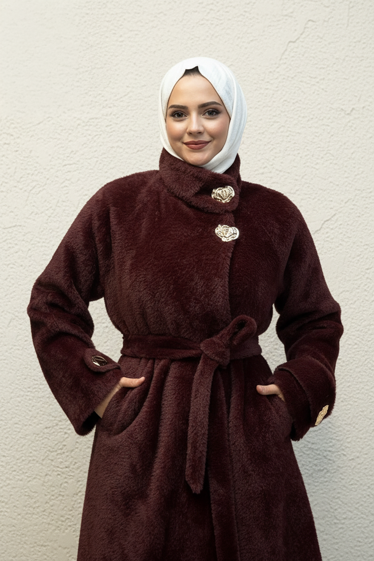 Gold Düğme Detaylı Kuşaklı Angora Kaban Bordo