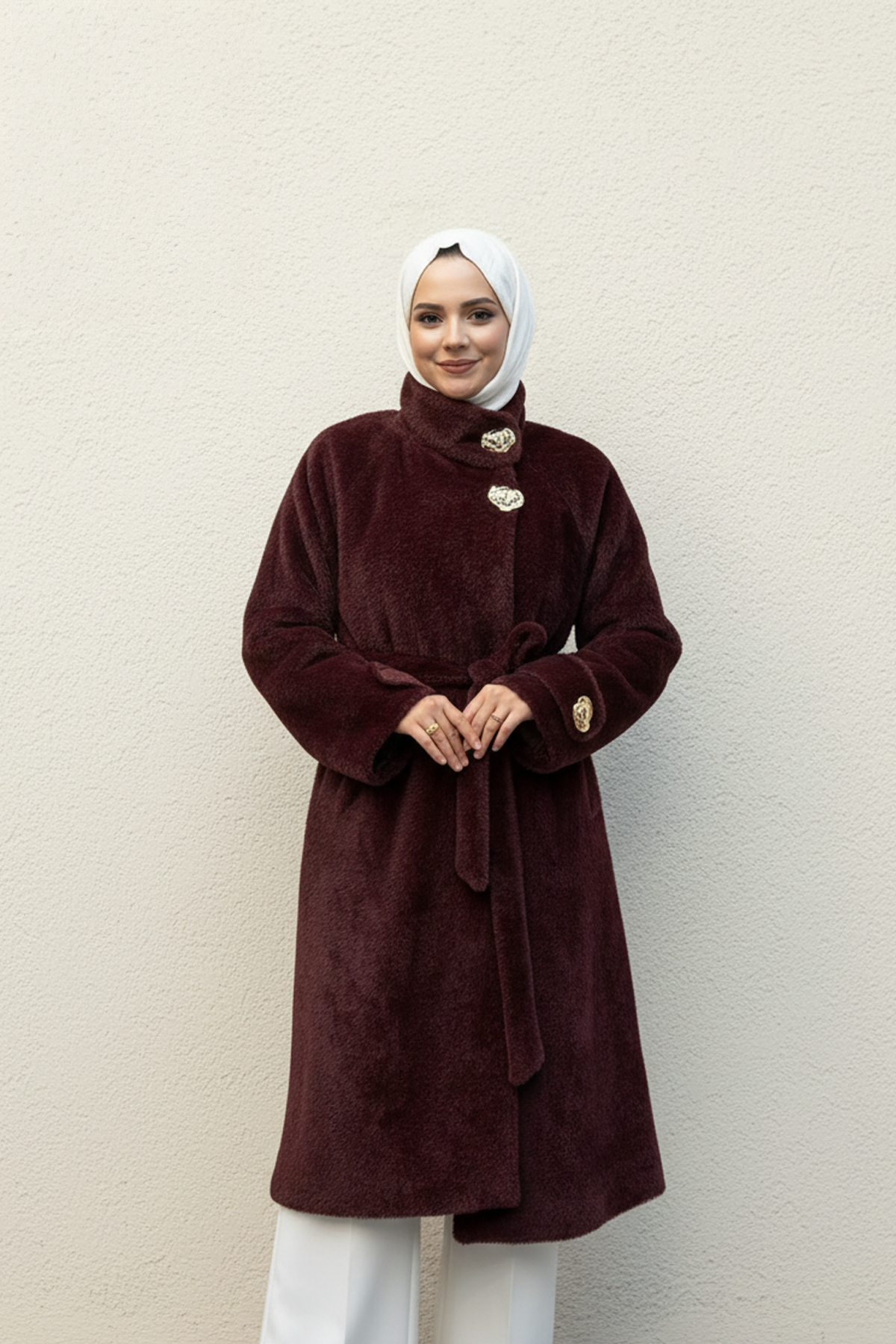 Gold Düğme Detaylı Kuşaklı Angora Kaban Bordo