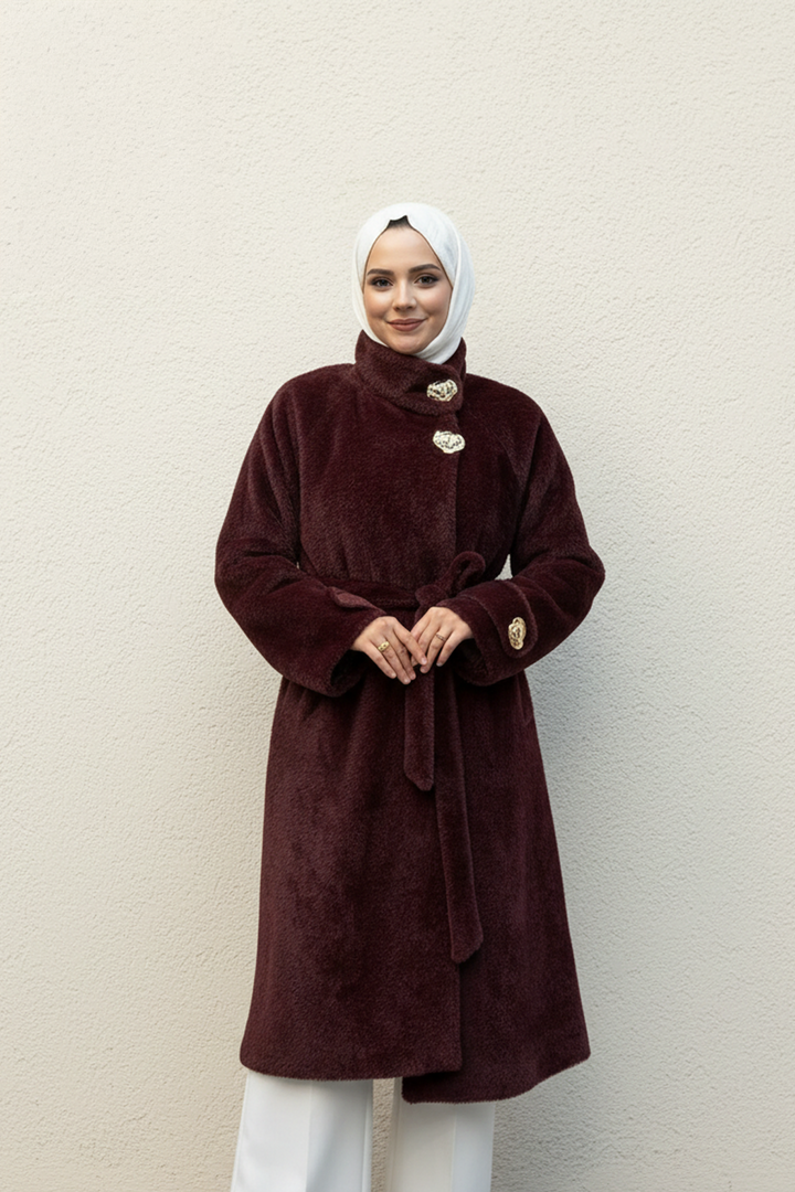 Gold Düğme Detaylı Kuşaklı Angora Kaban Bordo