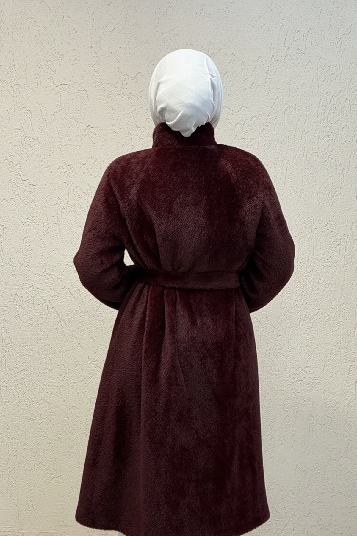 Gold Düğme Detaylı Kuşaklı Angora Kaban Bordo