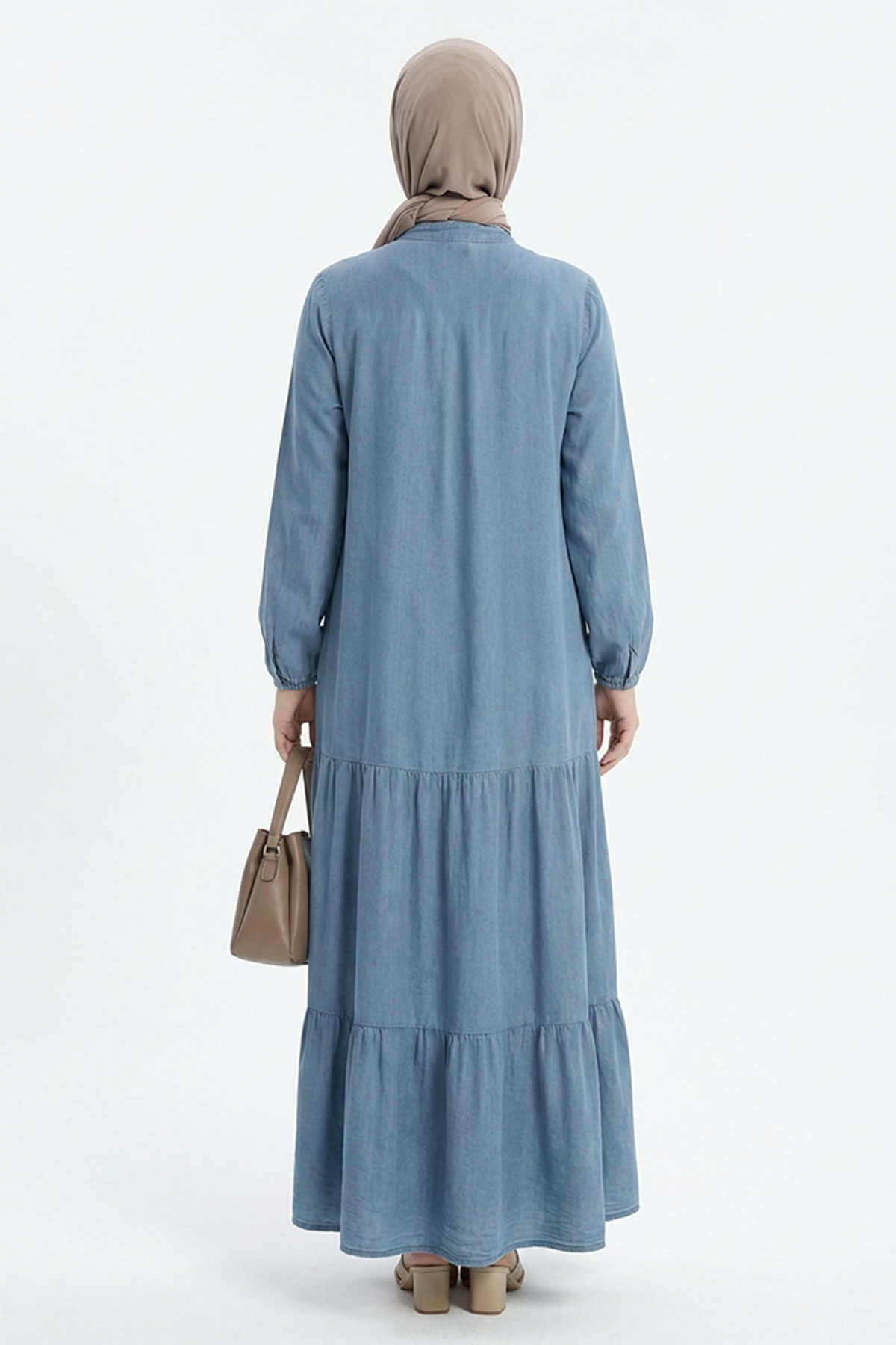Tensel Yıkamalı Kumaş Mavi Tesettür Elbise