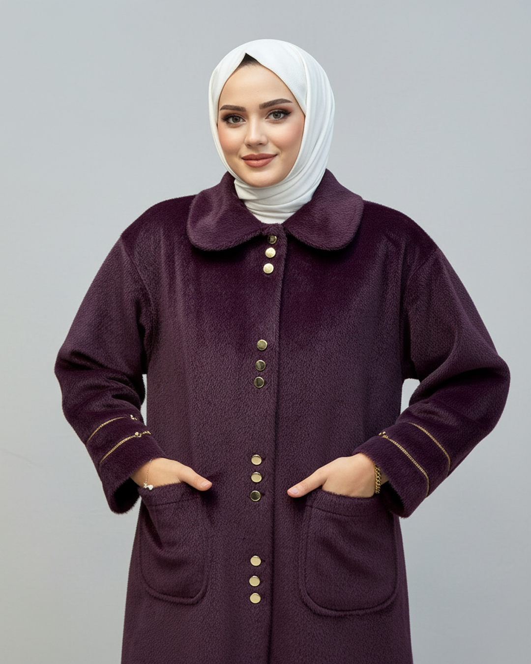 Gold Düğme Detaylı Angora Kaban Mürdüm