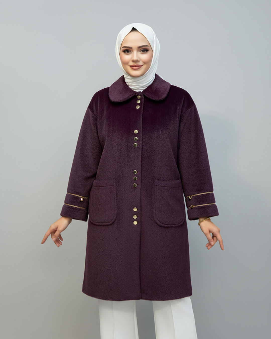 Gold Düğme Detaylı Angora Kaban Mürdüm