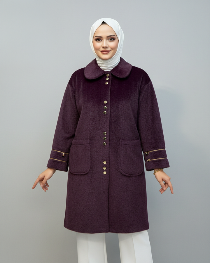 Gold Düğme Detaylı Angora Kaban Mürdüm