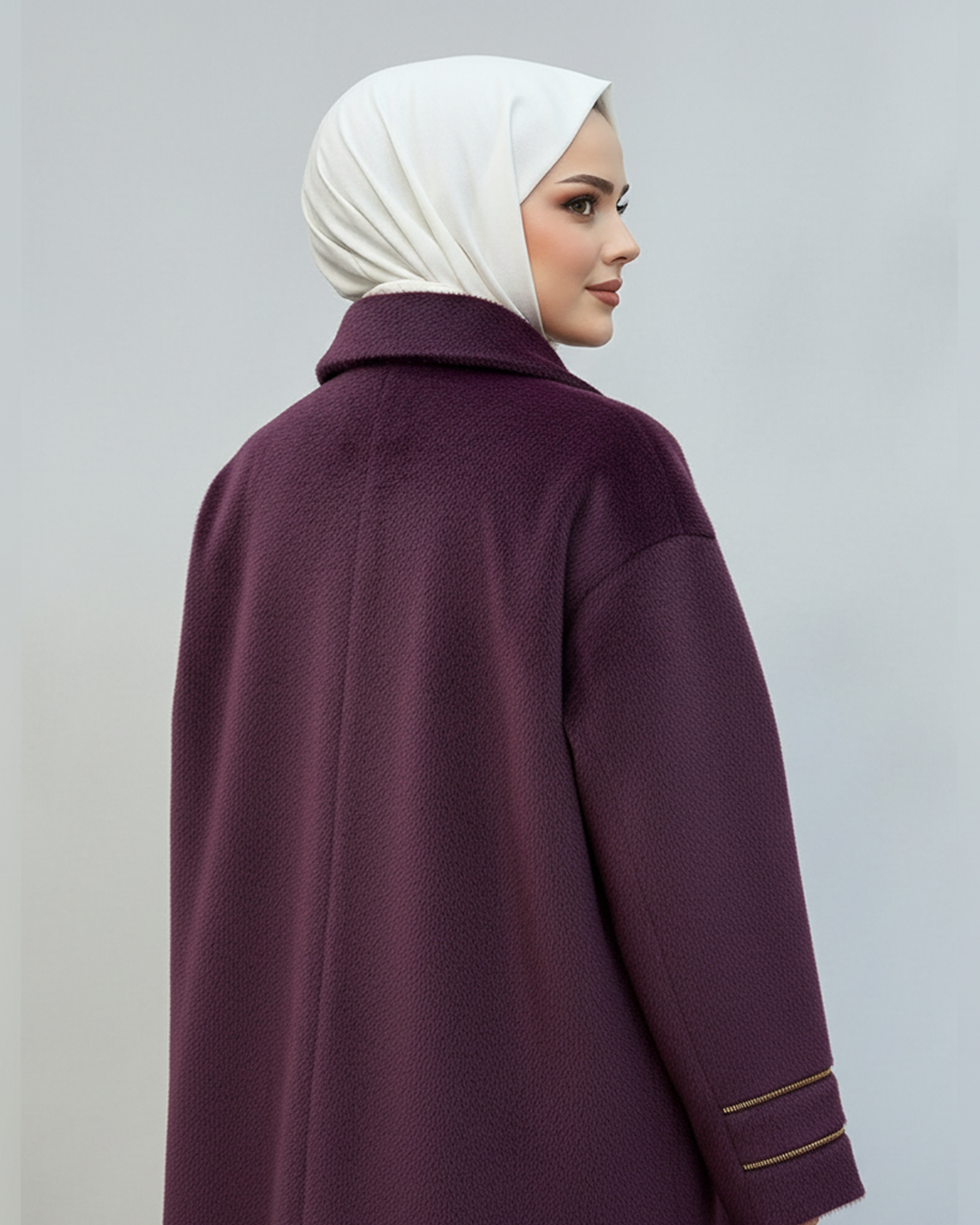 Gold Düğme Detaylı Angora Kaban Mürdüm