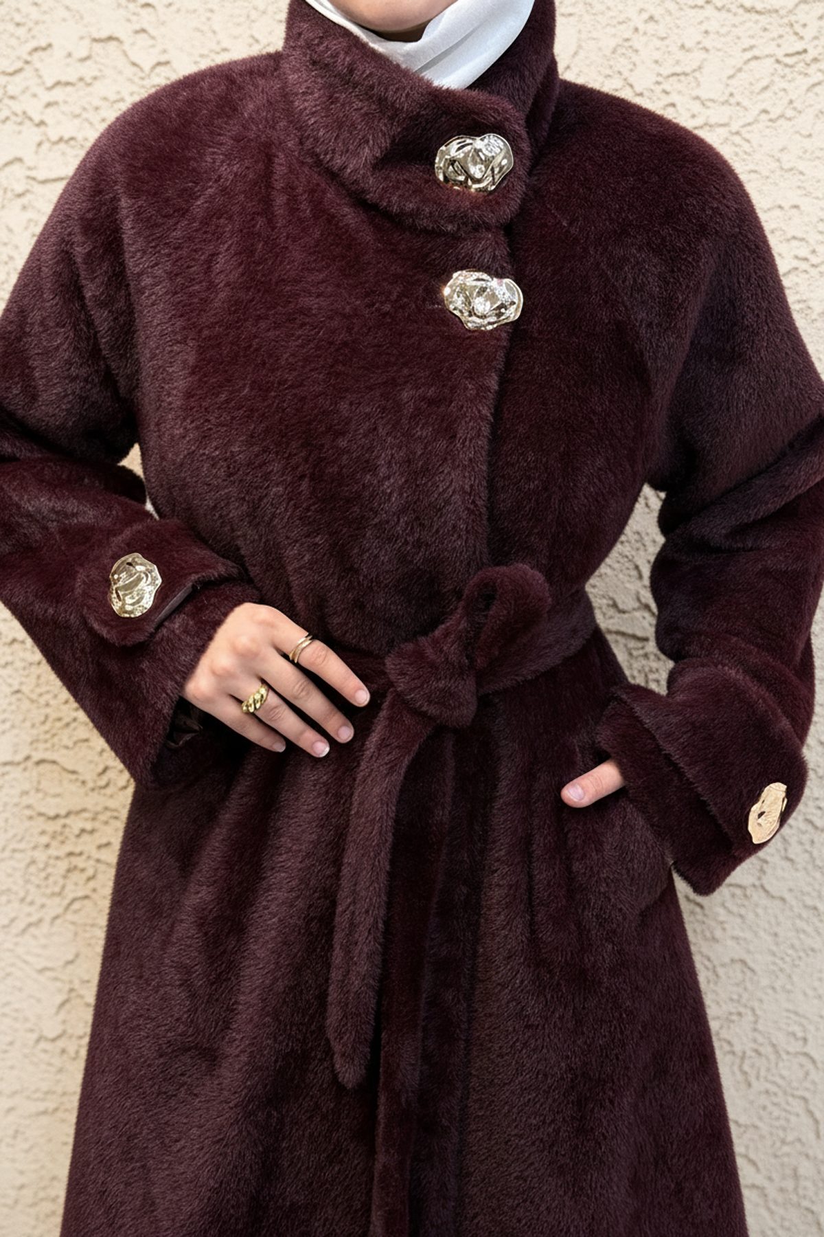 Gold Düğme Detaylı Kuşaklı Angora Kaban Bordo